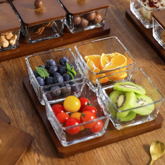 Wooden & Glass Serving Platter with Wooden Stand - 4 Pieces